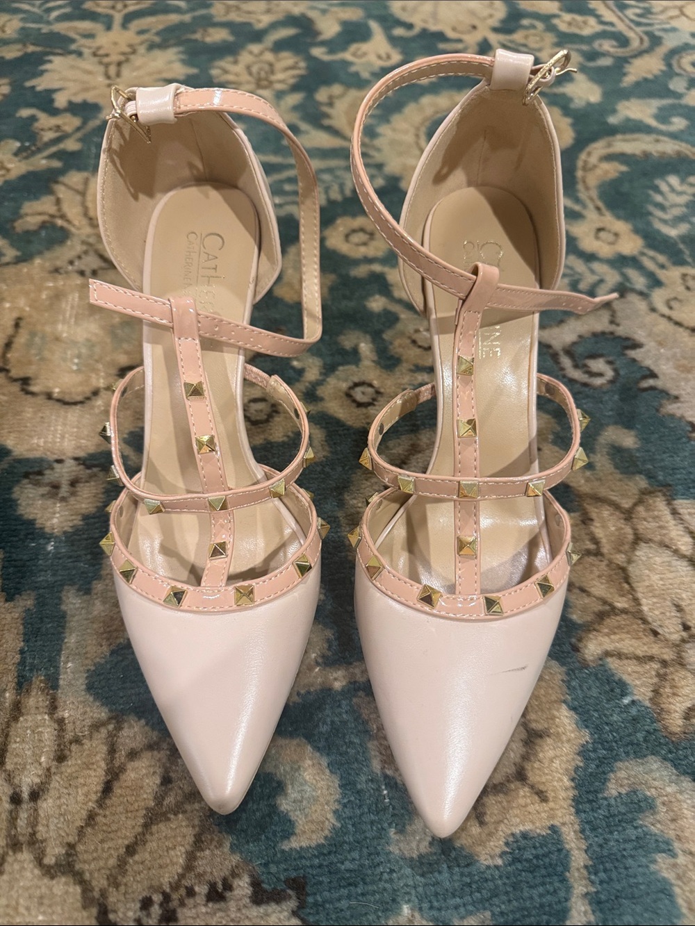 Catherine Malandrino Blush Pink Studded Pointed T-Strap Heels
